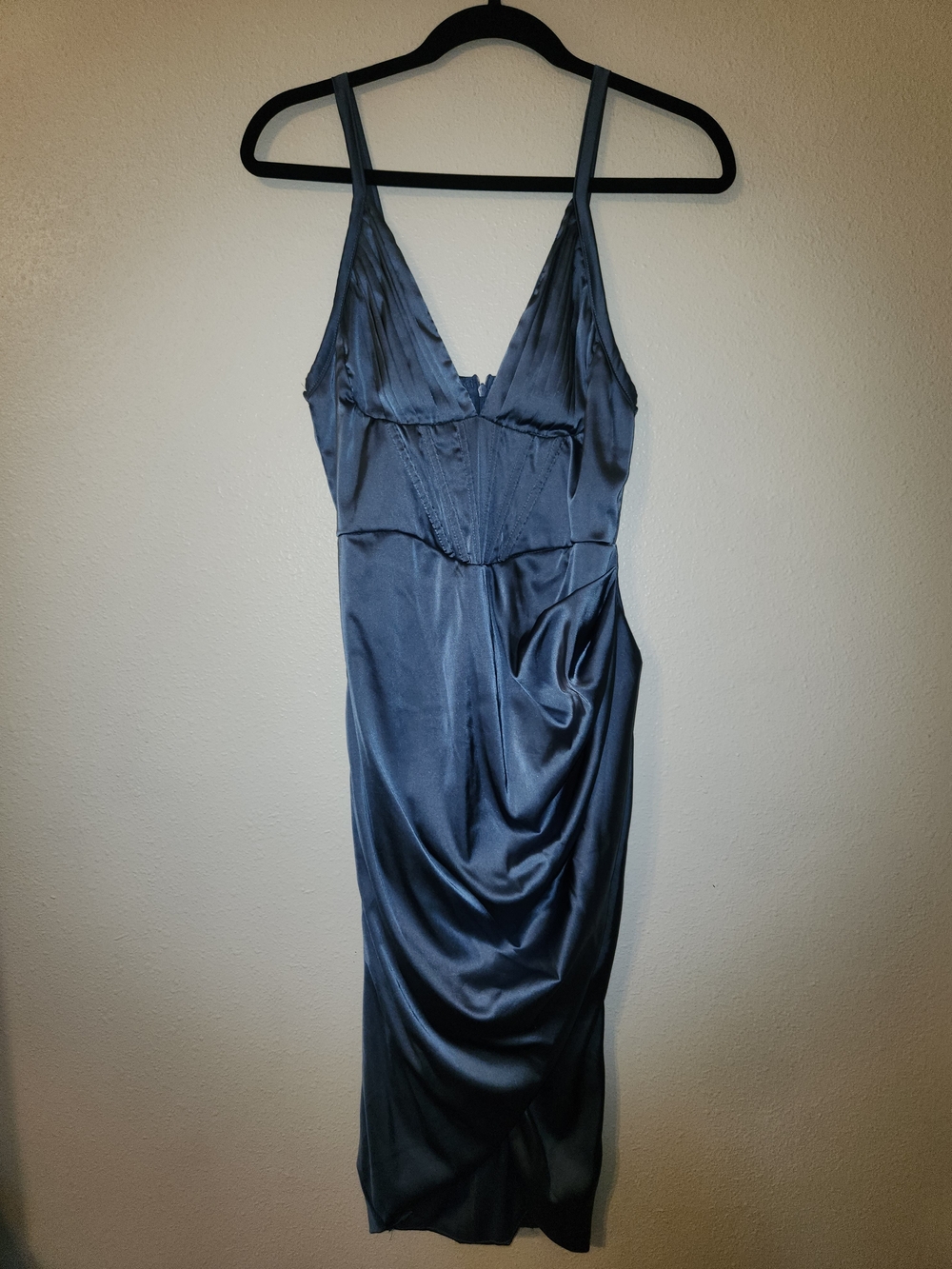 Satin Slip Midi Dress in Slate Blue